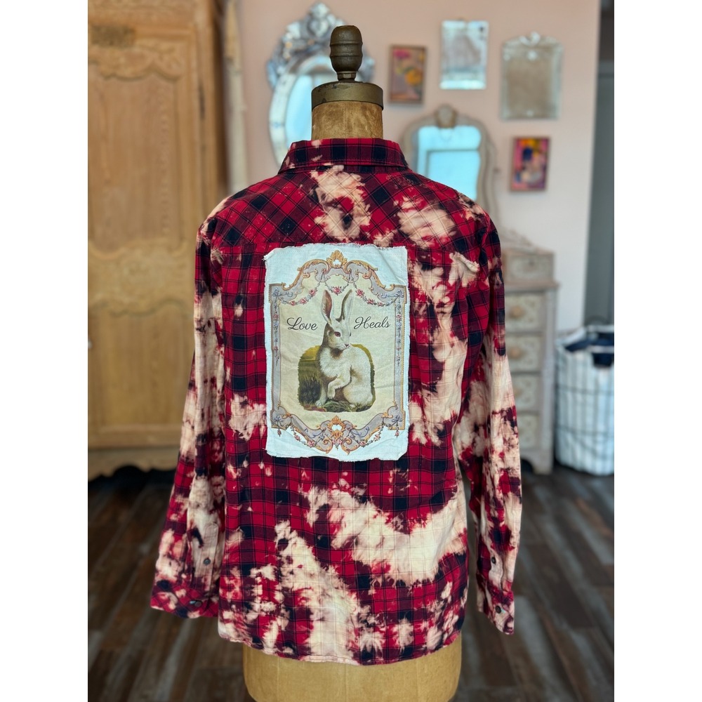 Upcycled/Reworked Flannel Shirt| Vintage "Love Heals" Rabbit| Boho| Medium - Picture 6 of 6